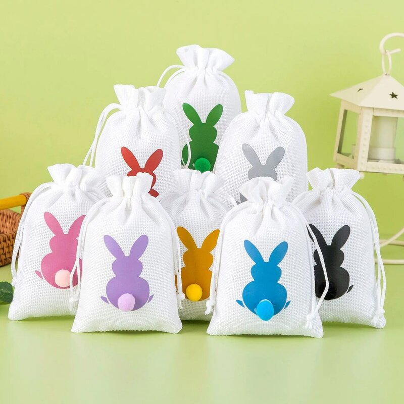 ISKYBOB-Bolsa de regalo de conejo de cáñamo de imitación, bolsa con cordón para fiesta, Dulces, galletas, 10x15 cm