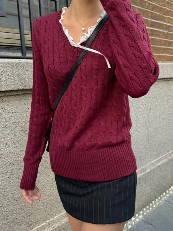 Женский трикотажный свитер в стиле преппи, с V-образным вырезом и длинным рукавом