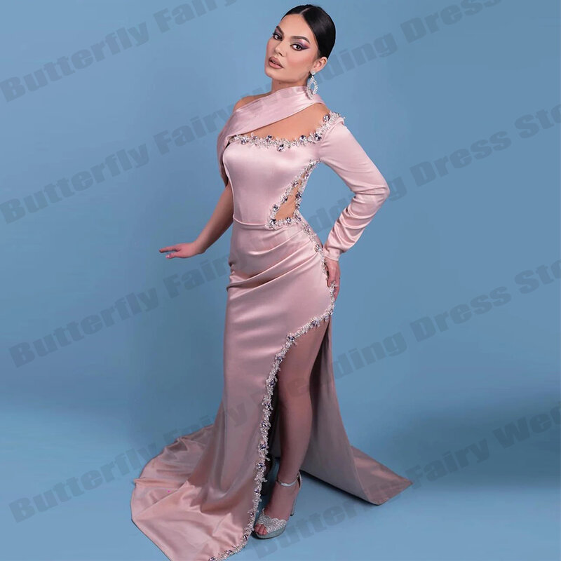 2023 wunderschöne neue One-Shoulder-Ärmel hohe Gabel Frauen einfarbig langen Rock Abendkleid funkelnde Kleider Abendessen sexy Kleider