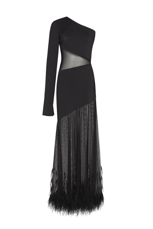 Vestido feminino elegante preto manga de um ombro, Comprimento do tornozelo, vestido de festa com renda personalizada, Vestido para ocasiões formais, Simples