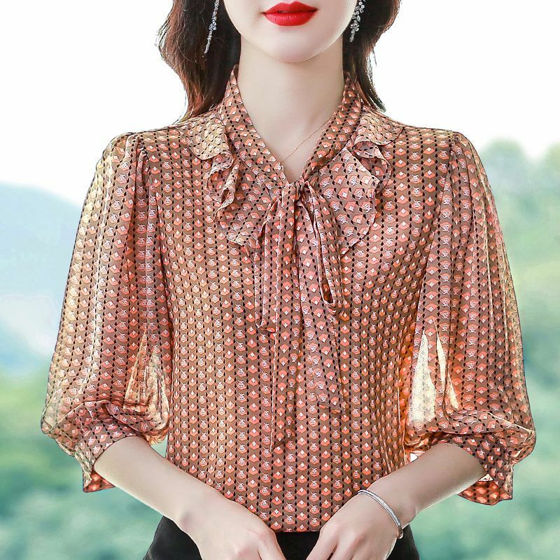 Женская блузка с V-образным вырезом, длинным рукавом