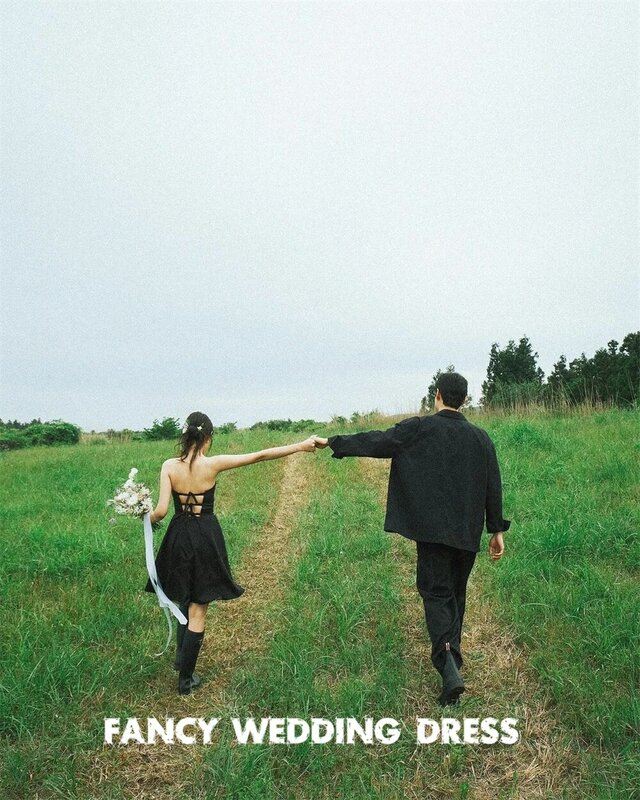 Fantazyjna prosta czarna koreańska suknia ślubna sesja zdjęciowa bez rękawów suknia ślubna z tafty gorset z tyłu na zamówienie
