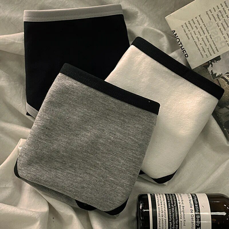 Roupa interior japonesa de algodão de cintura média feminina, cuecas simples, estilo esportivo cool, calcinha traceless, lingerie sem costura, preto e branco