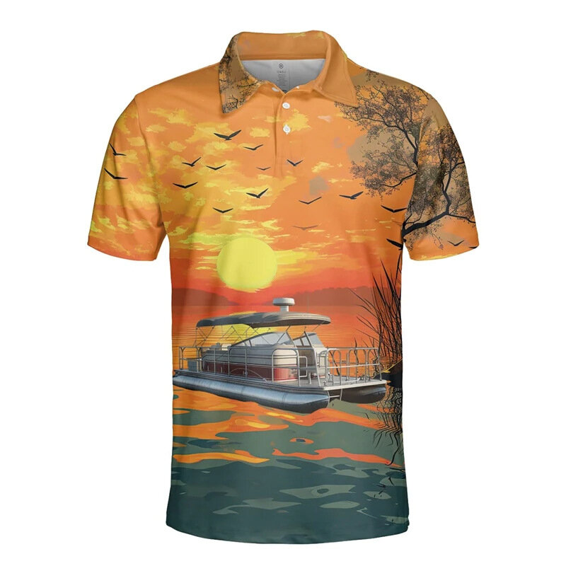 A camisa polo ocasional Ship-3D impresso, t-shirt de manga curta, parte superior do botão, T padrão confortável, moda verão