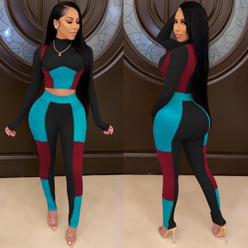 2024 Hot Women Suit Sexy Patchwork Skinny Rompers Fashion Mock Neck Crop Top+Stretchy Legging Matching Outfit Female Streetwear