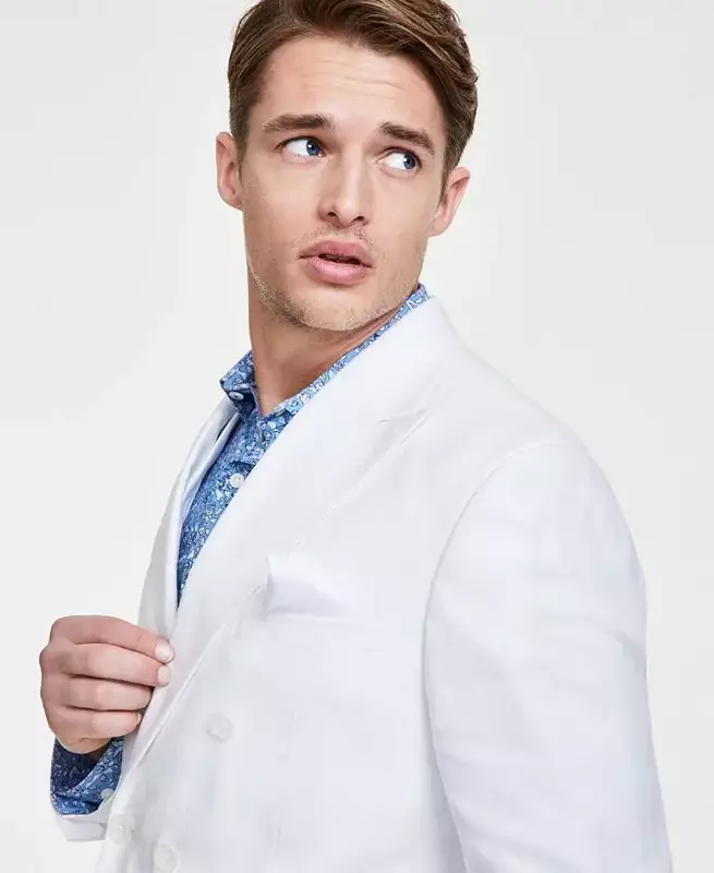 White Summer Linen Elegant Men Suit Smart Casual Double Breasted Slim Fit Blazers High Quality Custom 2 Piece Set Costume Homme