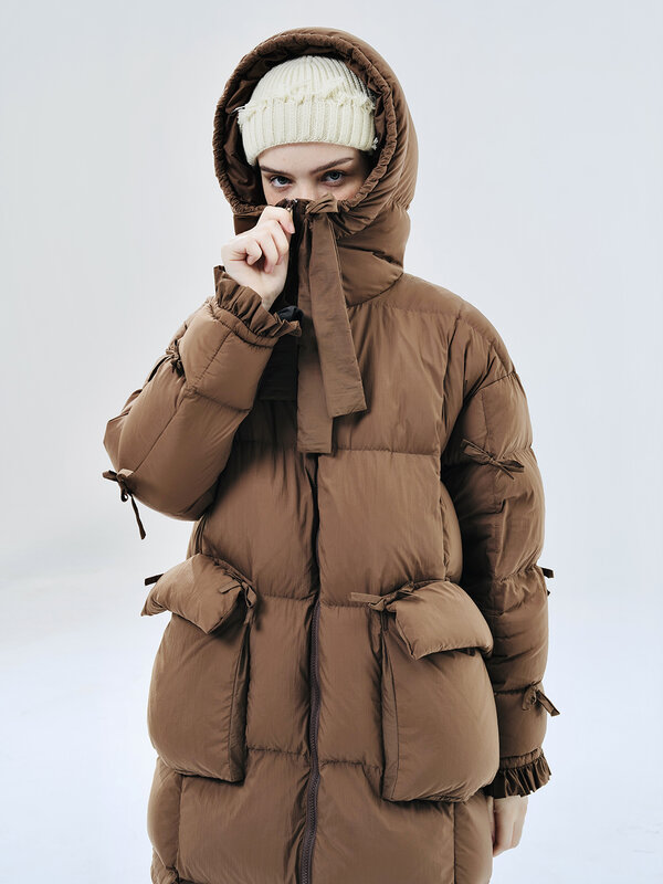 Imakokoni, зима 2023, оригинальный дизайн, пуховик на белом утином пуху с капюшоном, Женское пальто средней длины