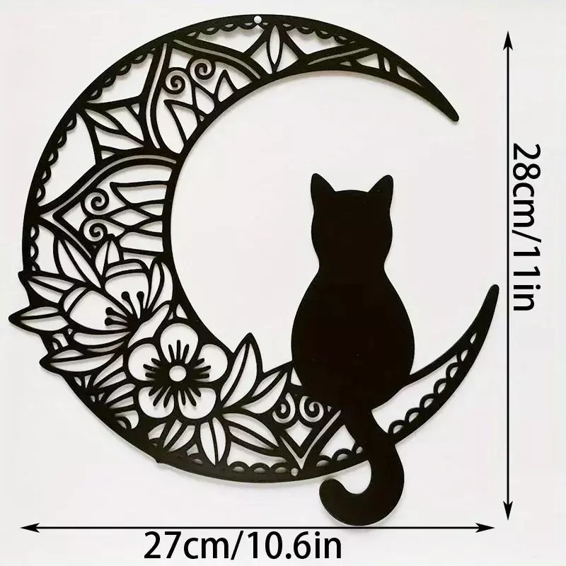 Decoração Home do gato e da lua do ferro do metal, preto no Hoem da lua, escultura da parede, amantes dos gatos, decoração pendurada na parede