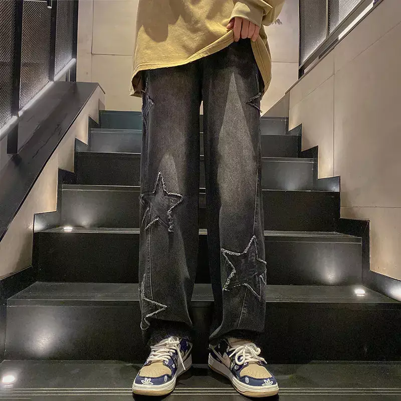 Calça de vaqueiro masculina reta estrela, jeans masculino tamanho grande, calça Kpop hip-hop, luxo lavada plus, original, tendência XS, 2024
