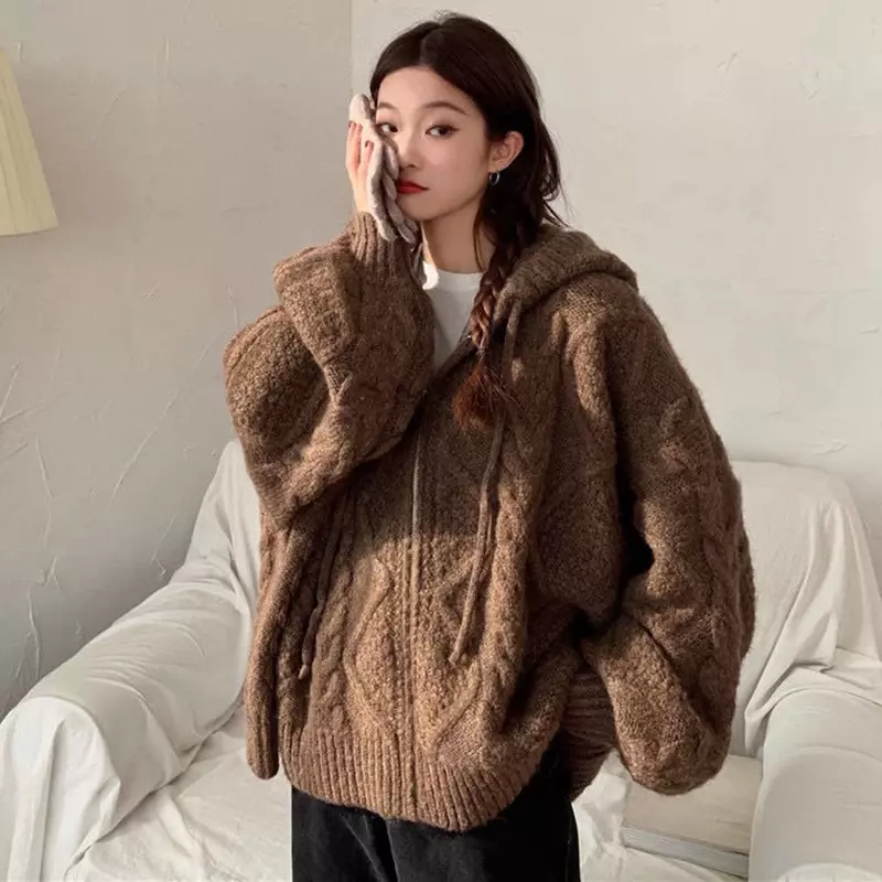 Vintage Brown Women Knitted Cardigan 2024 Autumn Winter Hooded Twist Sweater Woman Long Sleeve Zipper Crochet Outerwear V754