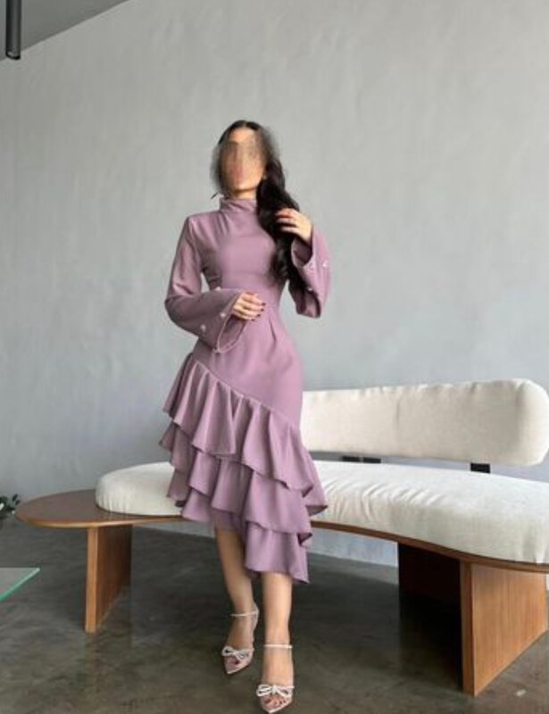 Glamour Purple Halter Knee Length A-line Long Sleeve Prom Dress Satin Ruffle Pleated 2023 Evening Party Gown Arabic Muslim
