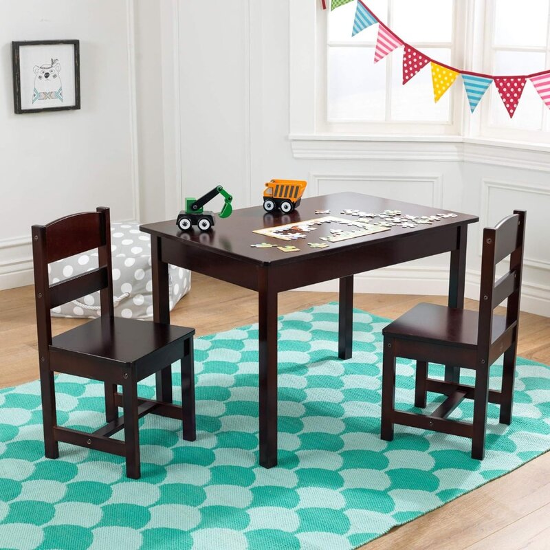 Children's wooden rectangular table and 2 chair set, suitable for home and classroom use, children's table and chair set