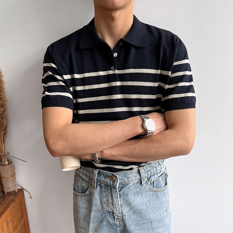 Streetwear Mens New Casual Polo Knit manica corta Polo colletto abbottonato T Shirt uomo elegante top in maglia stampata a righe