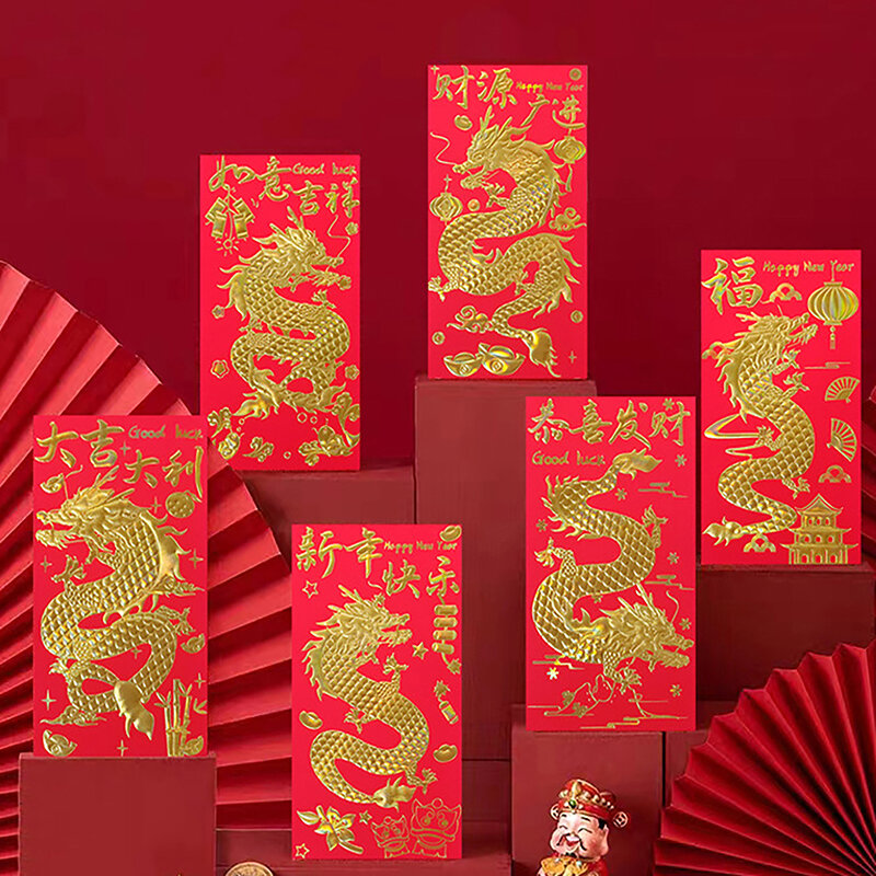 子供のための中国の赤い封筒、Hongbaoのギフトラップバッグ、ラッキーなお金のポケット、新年、春のフェスティバル、ギフト、6個、2024