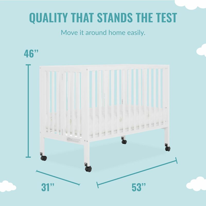 Removeable Wheels, Modern Nursey, Adjustable Mattress Support, Portable Crib, Patented Folding System