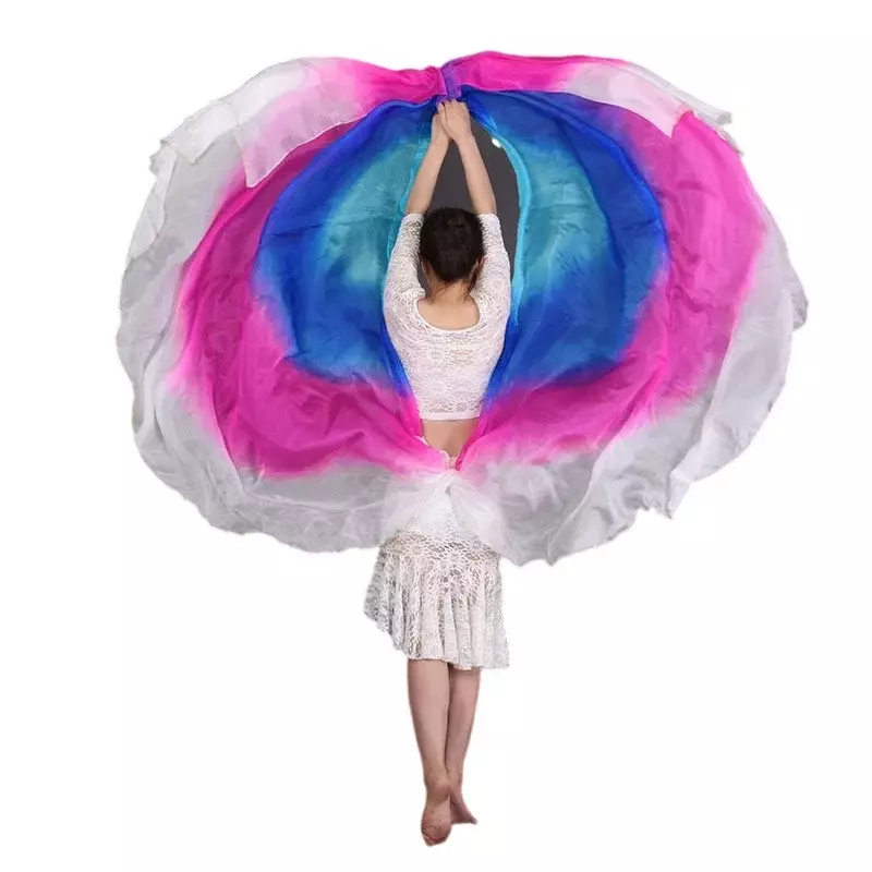 100% Velos de seda de medio círculo, accesorios de actuación de escenario de danza del vientre, chal de Color degradado, Luna semiredonda, 250x114cm