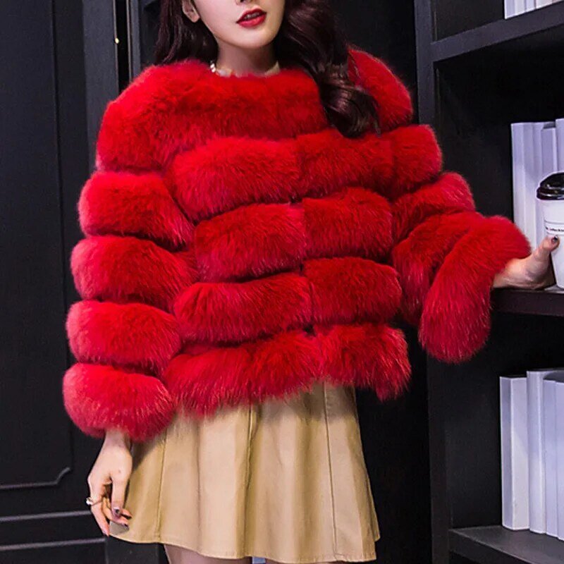 Inverno nova moda feminina casaco de pele do falso feminino preto elegante fofo grosso quente casaco de pele de raposa artificial outerwear