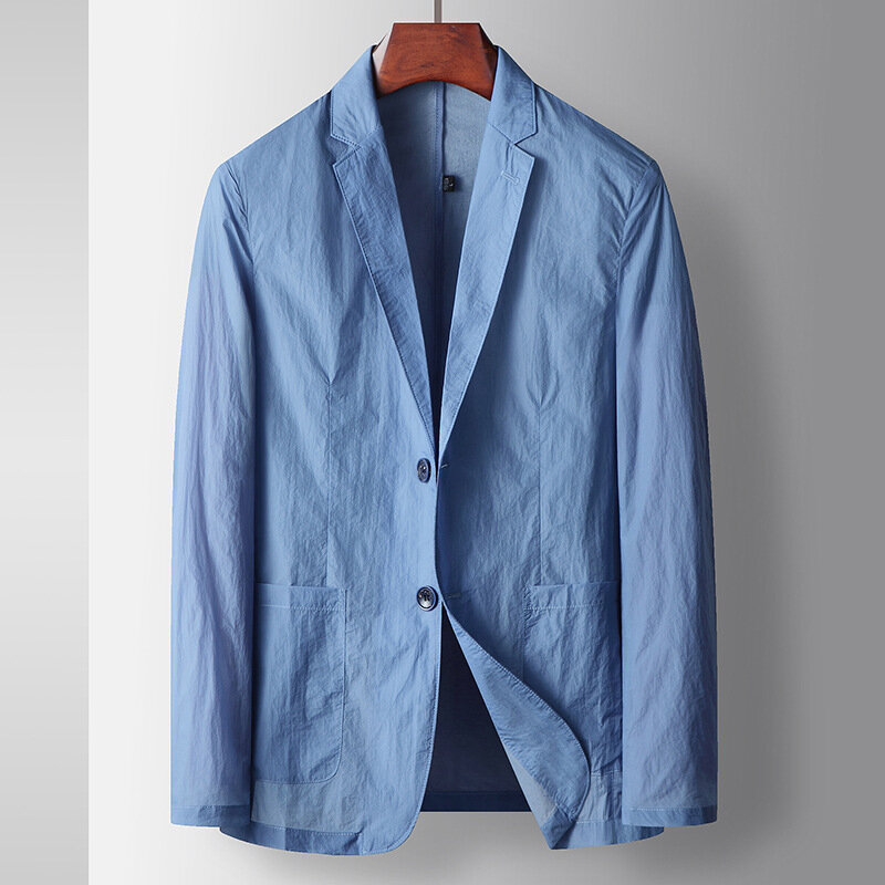 남성용 캐주얼 싱글 브레스트 블레이저, 얇은 순수 색상, 가벼운 럭셔리 세트 칼라 재킷, 자외선 차단, 2024 용수철 여름