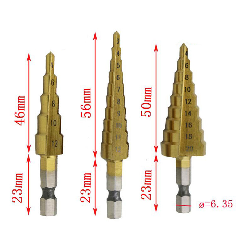3 x HSS Drill Cutter SET Titanium Cone Hole 3-12,4-12,4-20mm - Titanium