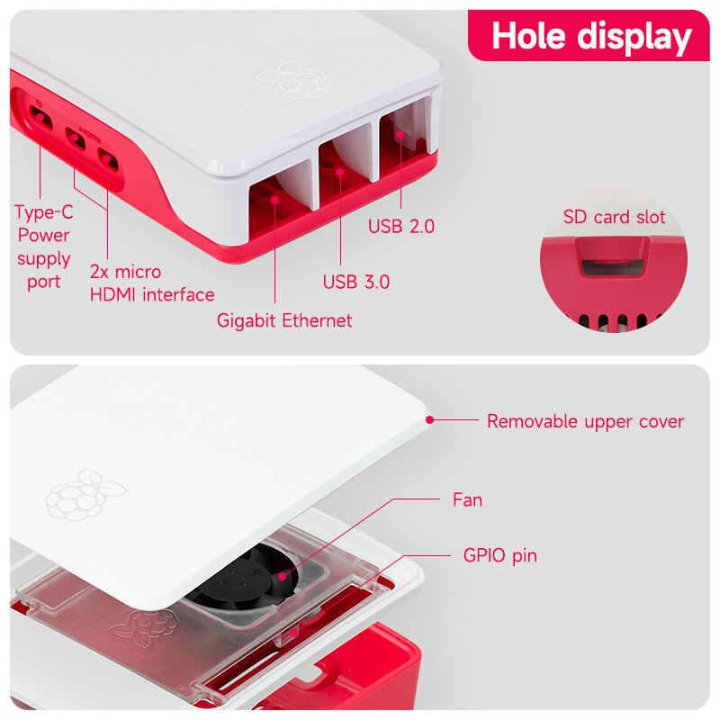 เคส Raspberry Pi 5สำหรับ RPI 5, เคส ABS สีแดงสีขาวพร้อมพัดลมควบคุมอุณหภูมิรองรับคลัสเตอร์สำหรับ RPI 5 Pi5