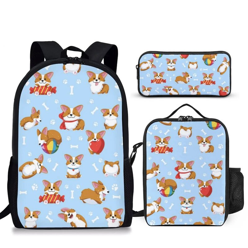 Cartoon Corgi Dog Printed 3Pcs School Bag Set Teenager Girls Boys Casual Backpack Student Book Bag with Lunch Bag Pencil Bag
