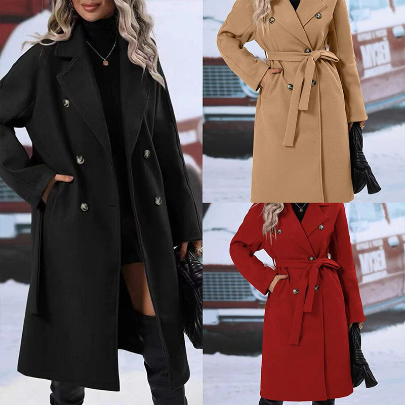 2023 neue einfarbige Revers dicke Woll spitze Zweireiher Damen langen Trenchcoat für Frauen