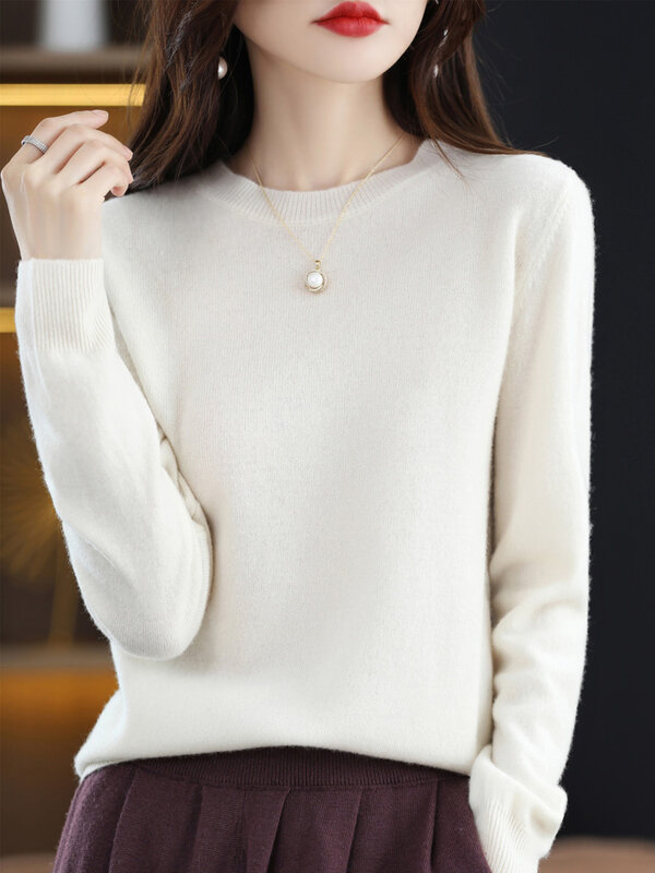 Spring Autumn Women O-neck Long Sleeve Pullover Sweater Basic Casual 100% Merino Wool Knitwear Soft Comfort Clothes Korean Tops