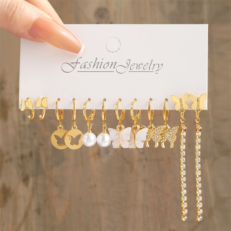 17KM-Heart Pearl Dangle Set para mulheres, metal, cor dourada, fechaduras borboleta, concha, joias da moda, brincos de argola, 2022