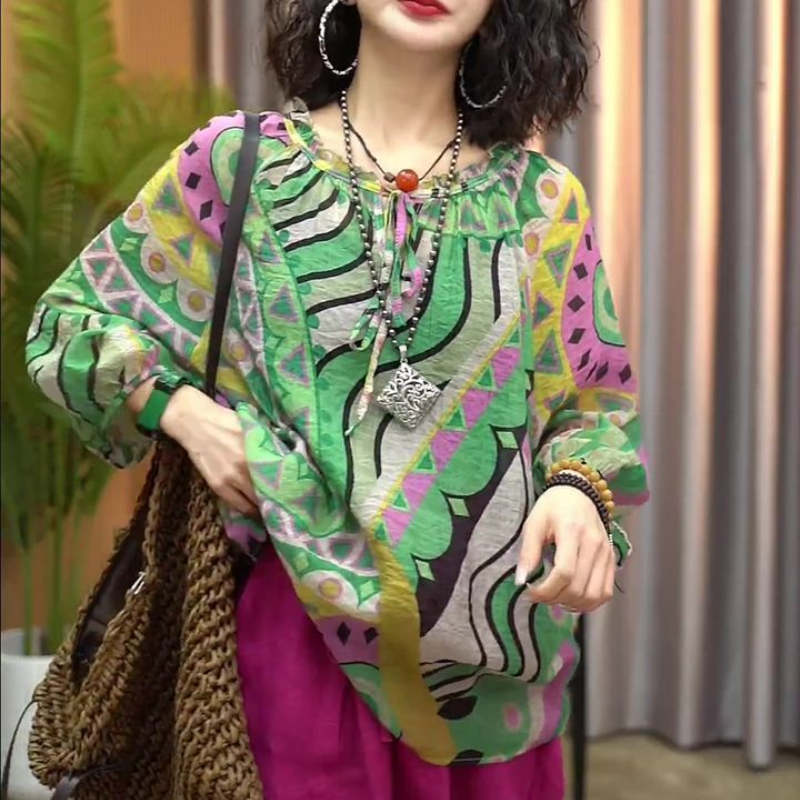 2024 New Spring and Autumn Retro Ethnic Style Fashion Loose Round Neck Three Quarter Printed Folds Top Pocket Harem Women's Suit