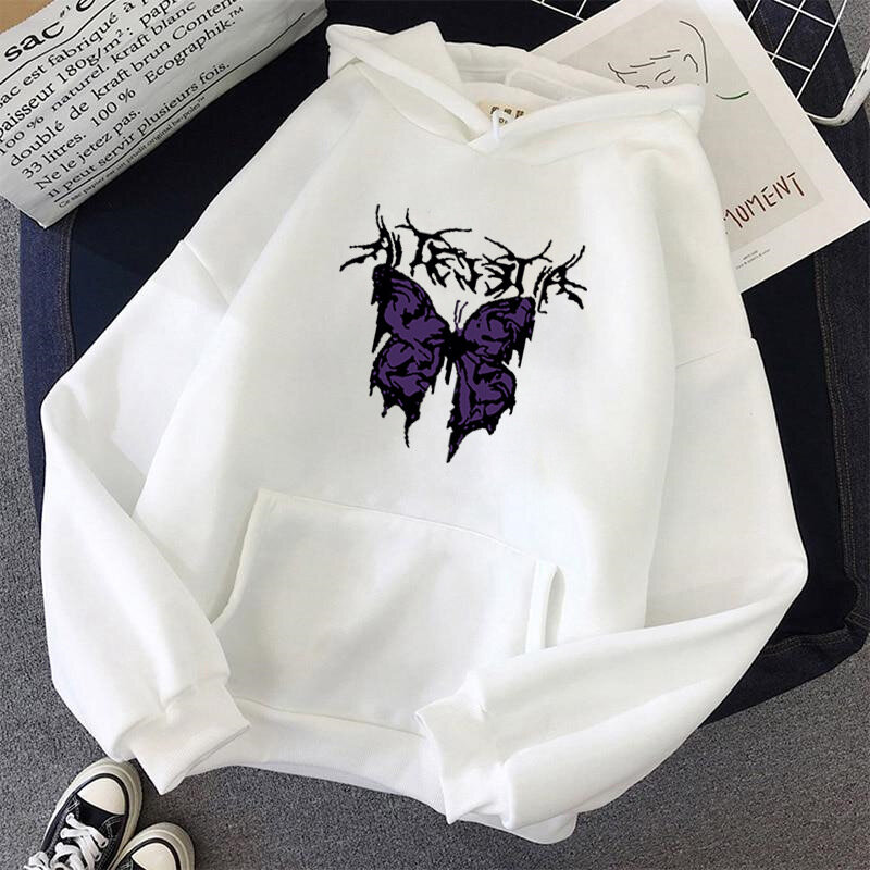Hoodie Wanita Hip Hop Gotik Pakaian Jalanan Sweter Bertudung Gambar Kupu-kupu Anime Jepang Jaket Pullover Musim Dingin Atasan Pakaian Y2k