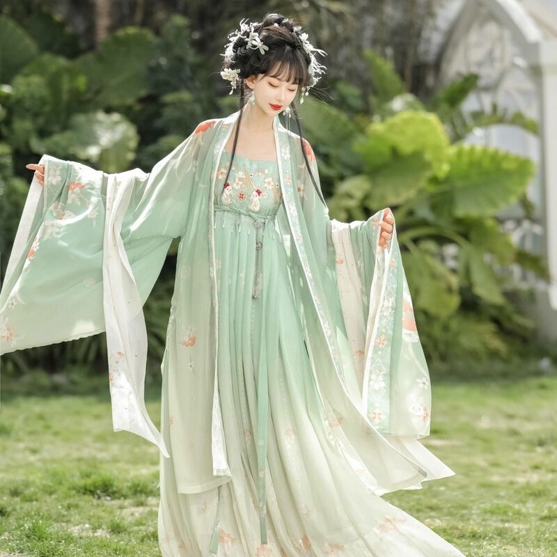 Hanfu ชุดเดรส chebula ผู้หญิงสไตล์ราชวงศ์ถังใหม่ชุดฮันฟูแขนกว้างย้อนยุคแบบดั้งเดิมสวยงามใช้งานได้ทุกวัน