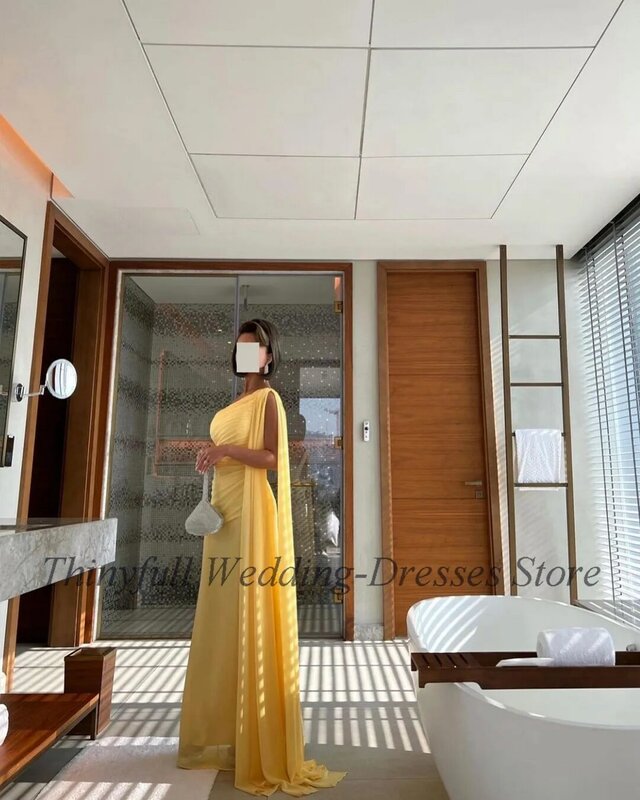 Thinyfull-sereia amarelo vestidos de baile para mulheres, vestidos de festa com um ombro, vestido de noite formal árabe longo