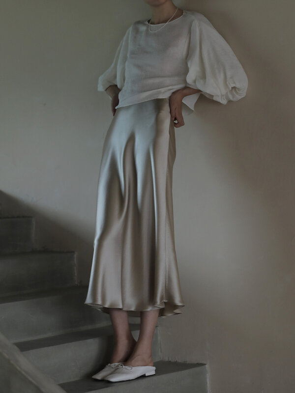 우아한 여성용 새틴 실크 A라인 스커트, 오피스 블랙 샴페인 롱 스커트, 한국 패션, 여름 패션 2024