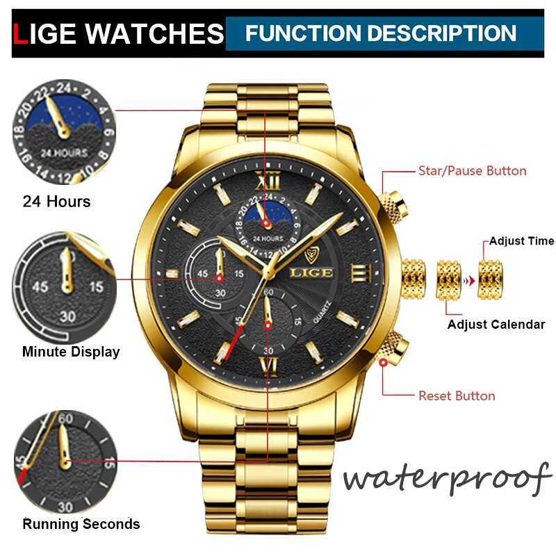 LIGE-남성용 대형 스포츠 시계, 럭셔리 남성용 밀리터리 스틸 쿼츠 손목 시계, 크로노그래프 골드 디자인 남성 시계
