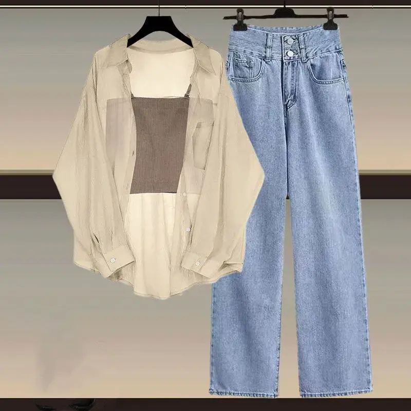 Summer Versatile Women's Set 2024 New Sun Proof Shirt Top Paired with Suspender Slimming Jeans Three Piece Set