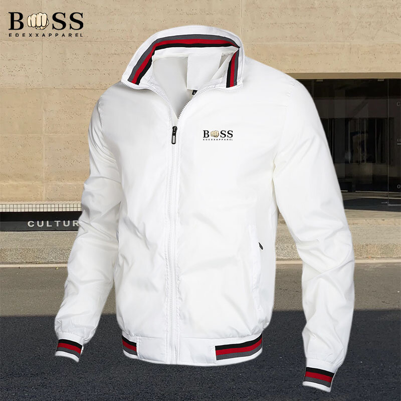 BSS jaket ritsleting kasual pria, jaket olahraga luar ruangan kerah berdiri musim gugur/musim dingin, jaket tahan angin pria