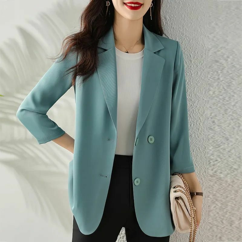 Women Chic Simple Notched Neck Blazer Nine Quarter Sleeve Jackets Ladies Fashion Coats Female Korean Office Clothing Autumn