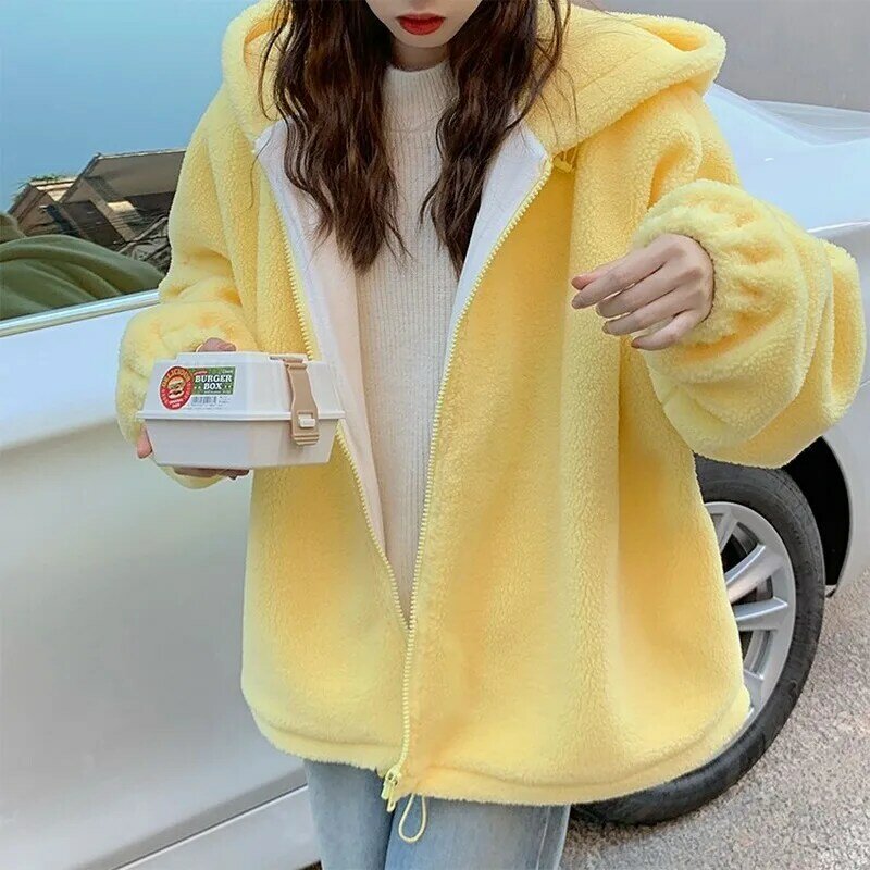 Casaco amarelo puro com capuz feminino, jaqueta que combina com tudo, casaco de cordeiro solto, veludo grosso, doce e fofo, outono e inverno, 2022