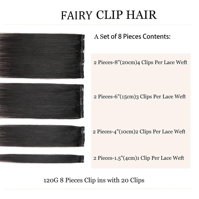 8 buah klip lurus dalam ekstensi rambut manusia klip kepala penuh tanpa jejak ganda kain klip dalam rambut untuk wanita hitam alami # 1B