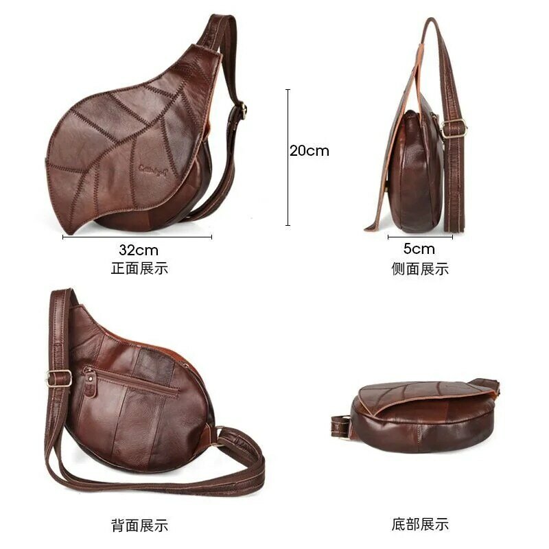 Tas kulit asli untuk wanita, tas pinggang bahan perca kulit sapi, tas dada Diagonal kasual uniseks, tas desainer mewah dengan bentuk daun