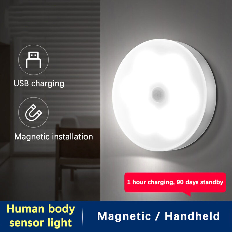 LED Night Lights USB Rechargeable Wireless Wall-Mounted Body Induction Motion Sensor Night Lighting Lamp Bedside Bedroom Closet