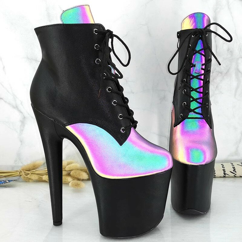 Auman Ale New 20CM/8inches Holographic Sexy Exotic High Heel Platform Party Women Round Toe Ankle Boots Pole Dance Shoes 146