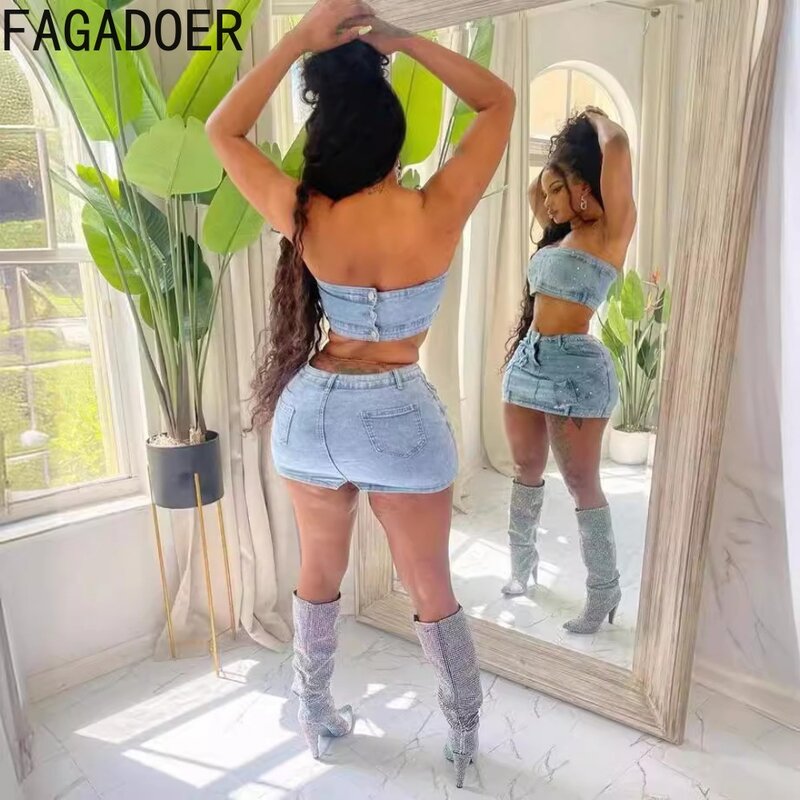 FAGADOER Fashion Pearls Diamond Y2K Denim Two Piece Sets Women Off Shoulder Sleeveless Backless Tube+Mini Skirts Cowboy Outfits