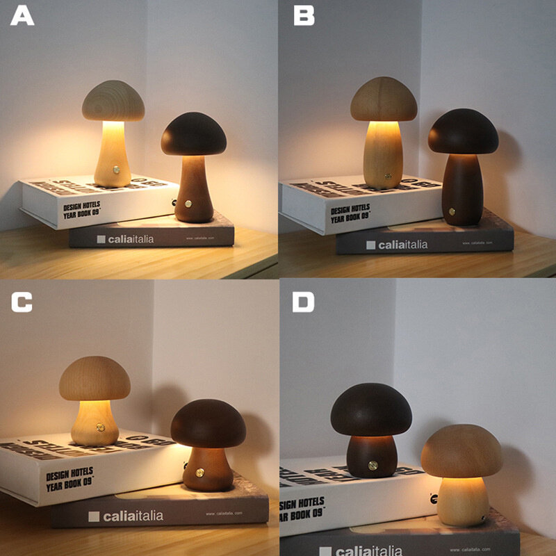 LED Wooden Cute Mushroom Night Light Portable Dimmable Bedside Lamp with USB Charging Mushroom Table Lamp for Home Decor