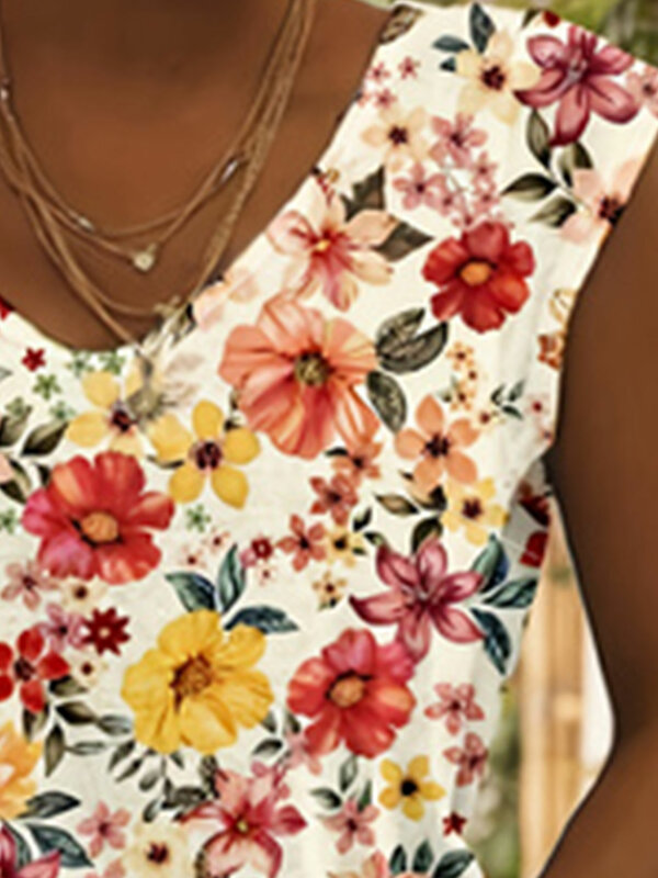 Camiseta sin mangas con estampado Floral para mujer, Top informal con cuello en V, ropa de talla grande para verano