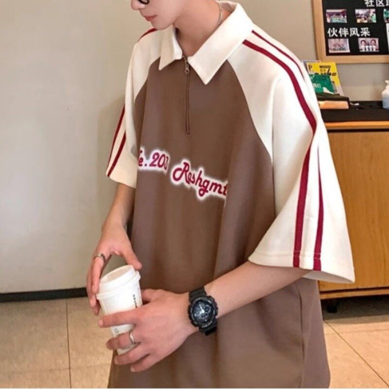 Koreańska moda w paski na co dzień wygodny chłopak 2024 letnie nowe koszulki polo Patchwork list luźna koszulka z krótkim rękawem topy