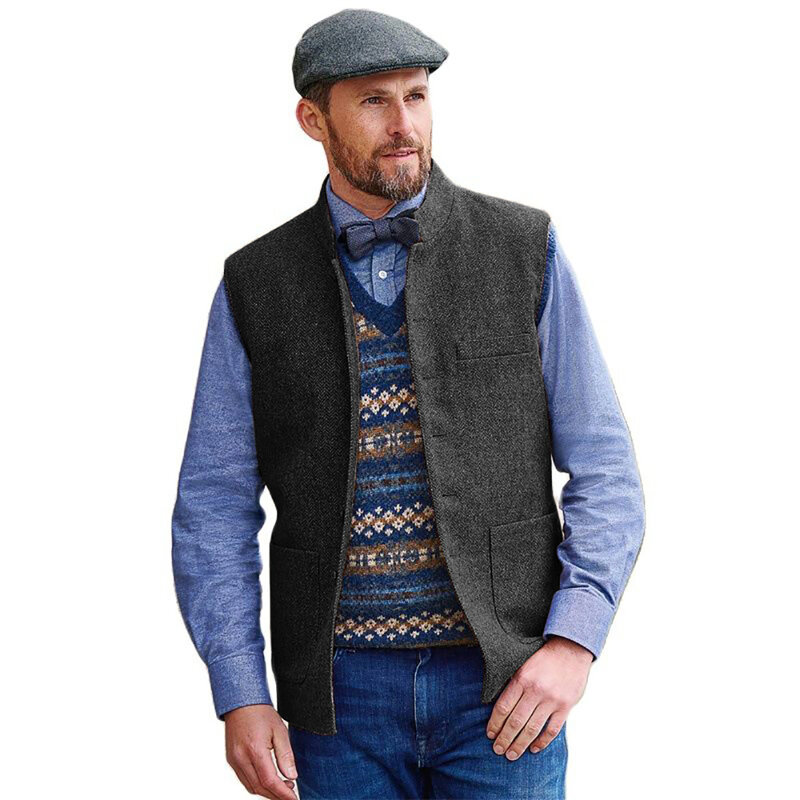 2023 Men's Vest Herringbone Wool Tweed V Neck Retro Tooling Vest Male Gentleman Business Waistcoat For Wedding