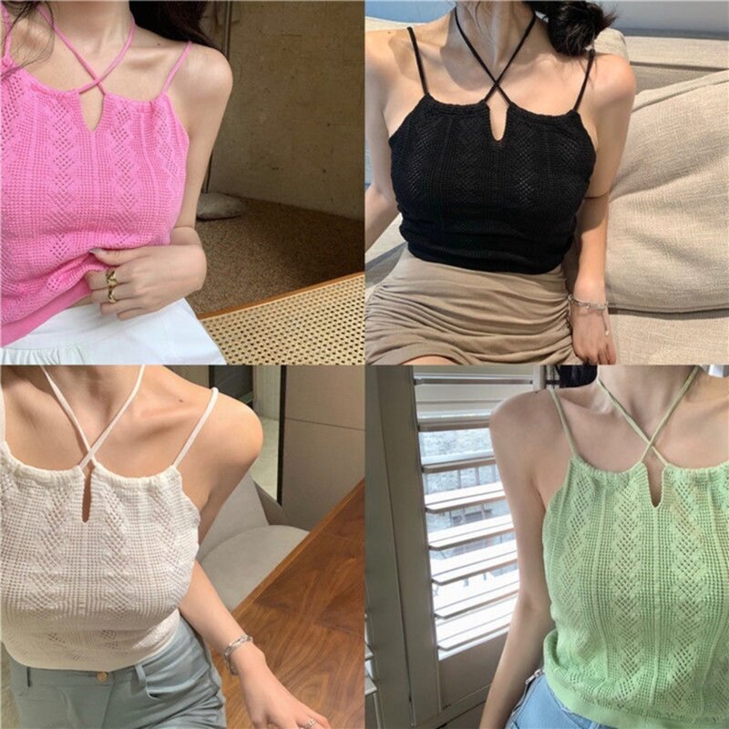 Knitted Knitted Tank Top Fashion Sexy Neck Hollow Out Cropped Tops Solid Color Knitted Vest Summer