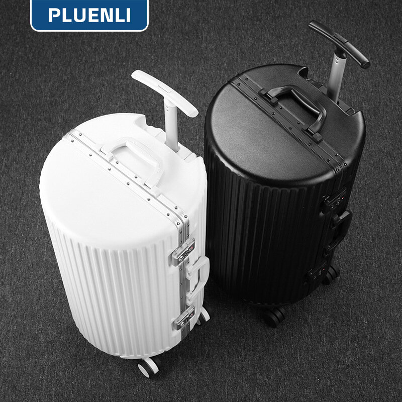 PLUENLI-حقيبة سفر نسائية ، إطار من الألومنيوم ، عجلة عالمية ، اسطوانة ، حقيبة جلدية ، أمتعة بكلمة مرور