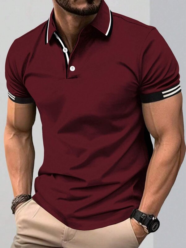 Camisa polo masculina de manga curta, pulôver de cor sólida, gola em gola alta, camiseta esportiva casual para homem, nova, verão
